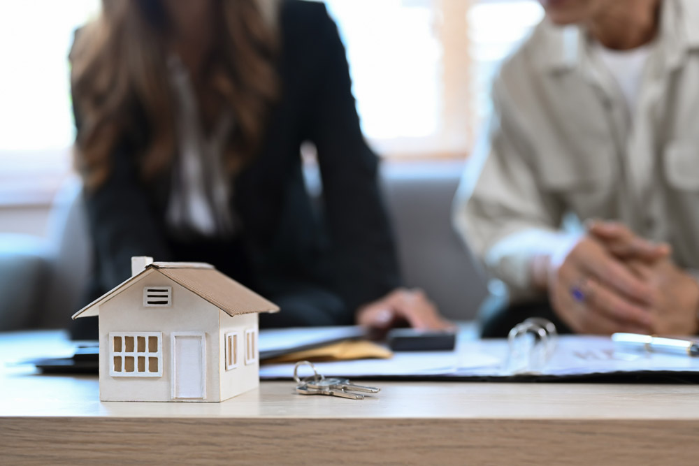 House model on wooden table and financial adviser consulting co