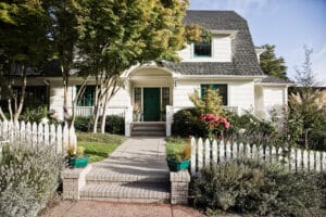 Front yard of a white wooden house